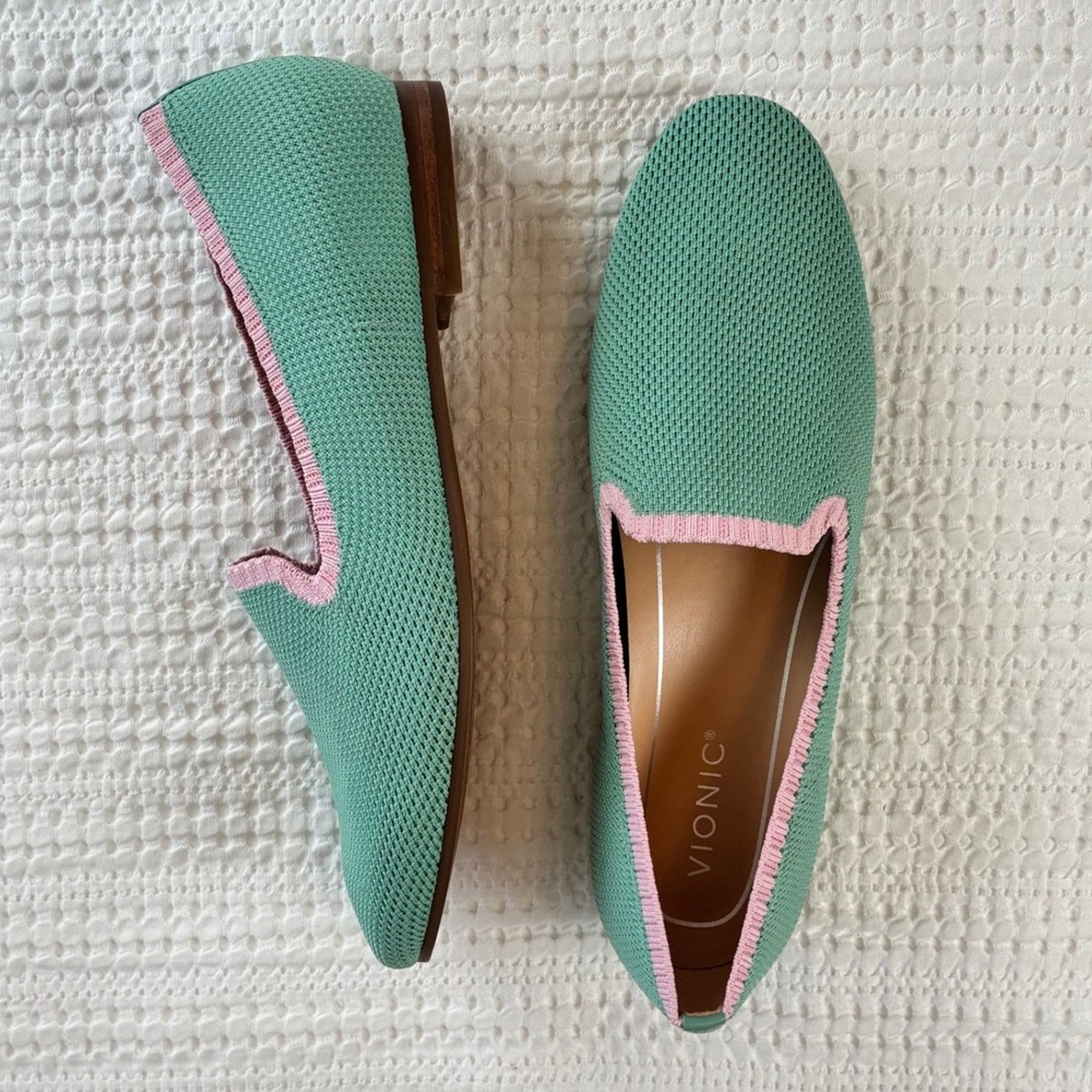 Vionic Willa Knit Flats Slip On Loafer Mint Green Pink Casual Orthotic Size 9.5